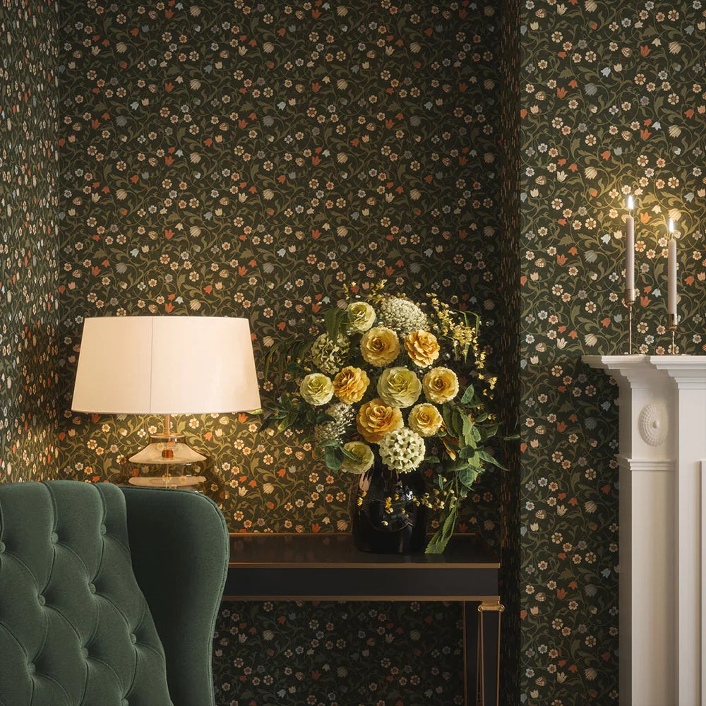 Rosehill Cottage Wallpaper - Peach & Soft Blue on Juniper - Lucie Annabel