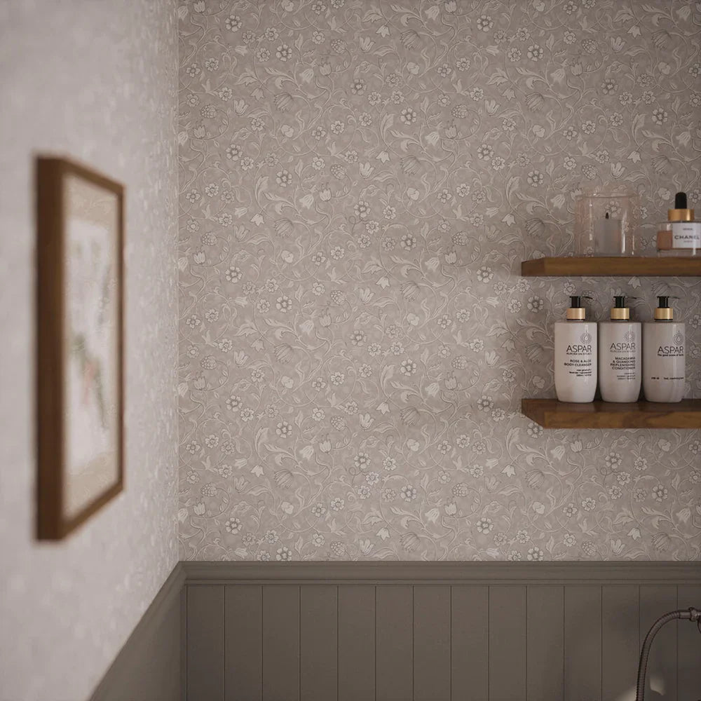 Rosehill Cottage Wallpaper - Vintage Cream & Linen on Moon Grey - Lucie Annabel