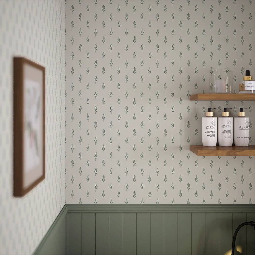Rowan Wallpaper - Smokey Green on Cream - Lucie Annabel