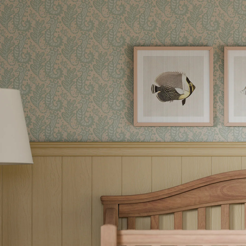 Shetland Seahorses Wallpaper - Duck Egg on Sand - Lucie Annabel
