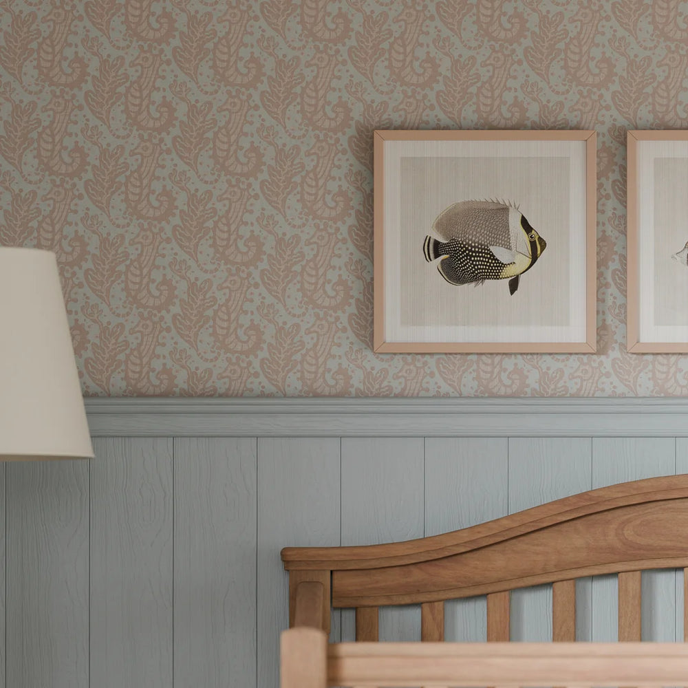 Shetland Seahorses Wallpaper - Vintage Rose on Mineral - Lucie Annabel