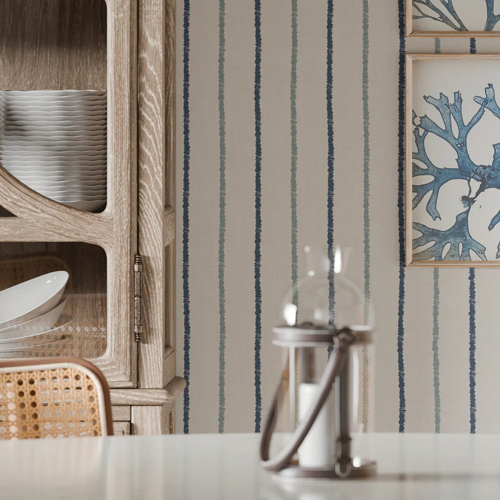 Shoreline Stripes Wallpaper - Classic Navy & Teal on Sand - Lucie Annabel