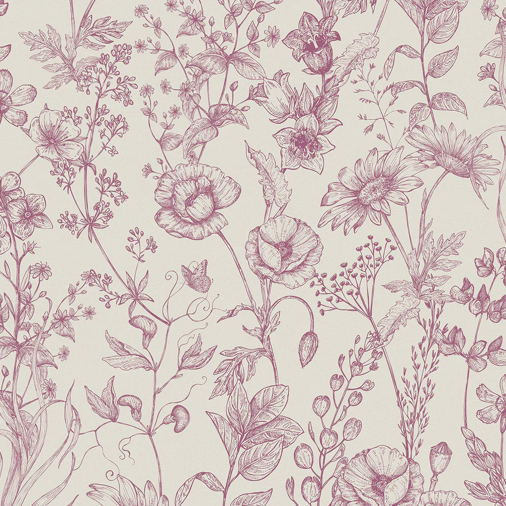Sketched Meadow Wallpaper - Berry on Oatmeal - Lucie Annabel