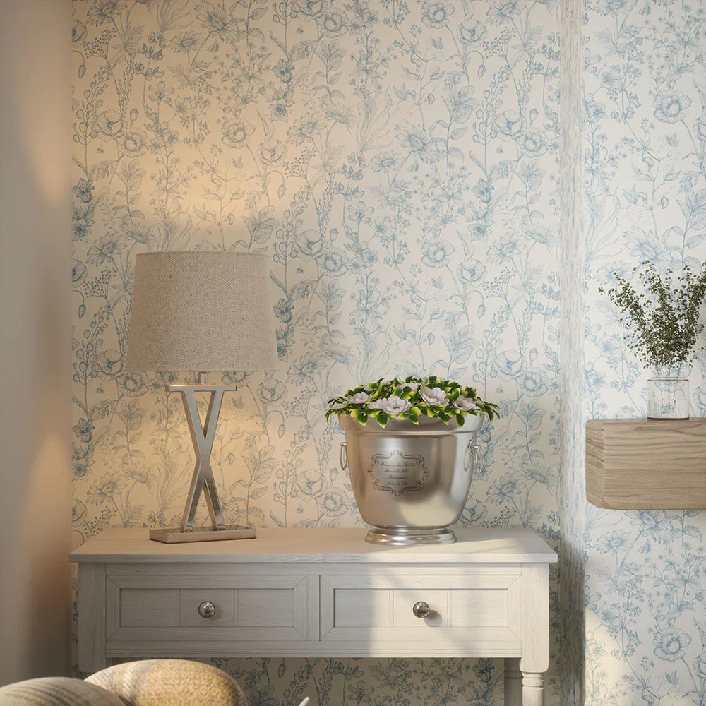 Sketched Meadow Wallpaper - Cornflower Blue on Cream - Lucie Annabel