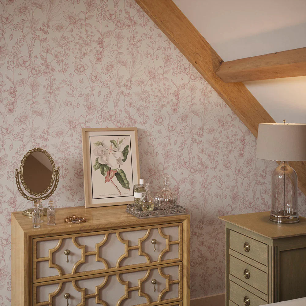 Sketched Meadow Wallpaper - Dusky Pink on White - Lucie Annabel