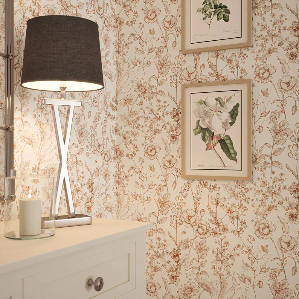 Sketched Meadow Wallpaper - Spice on Windsor Cream - Lucie Annabel