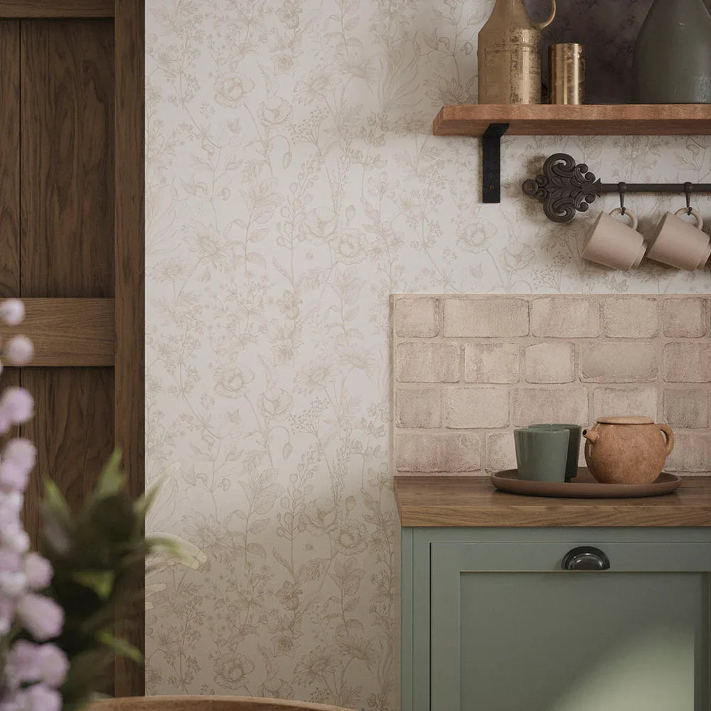 Sketched Meadow Wallpaper - Stone on Windsor Cream - Lucie Annabel