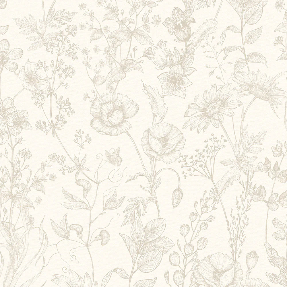 Sketched Meadow Wallpaper - Stone on Windsor Cream - Lucie Annabel