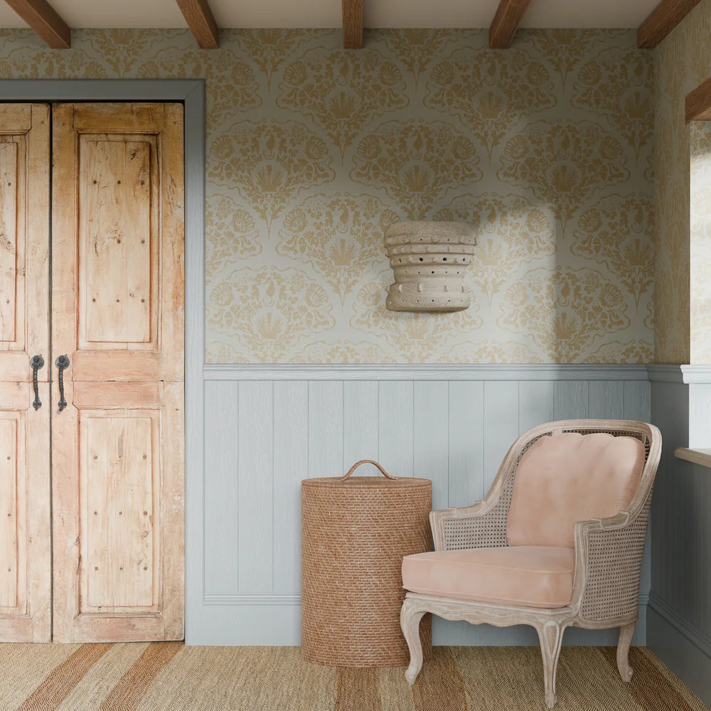 St. Mawes Lace Wallpaper - Antique Gold on Duck Egg - Lucie Annabel