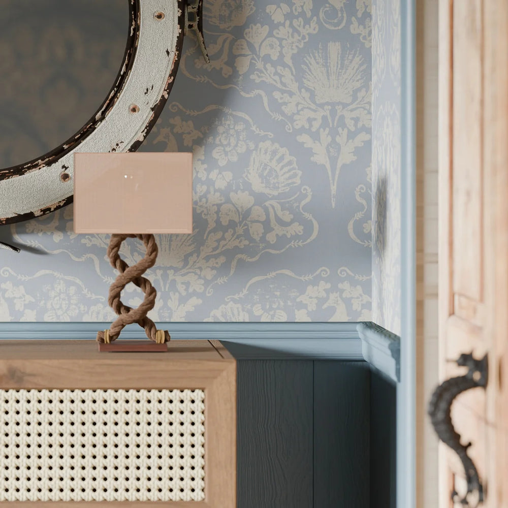 St. Mawes Lace Wallpaper - Pearl White on Cornflower Blue - Lucie Annabel
