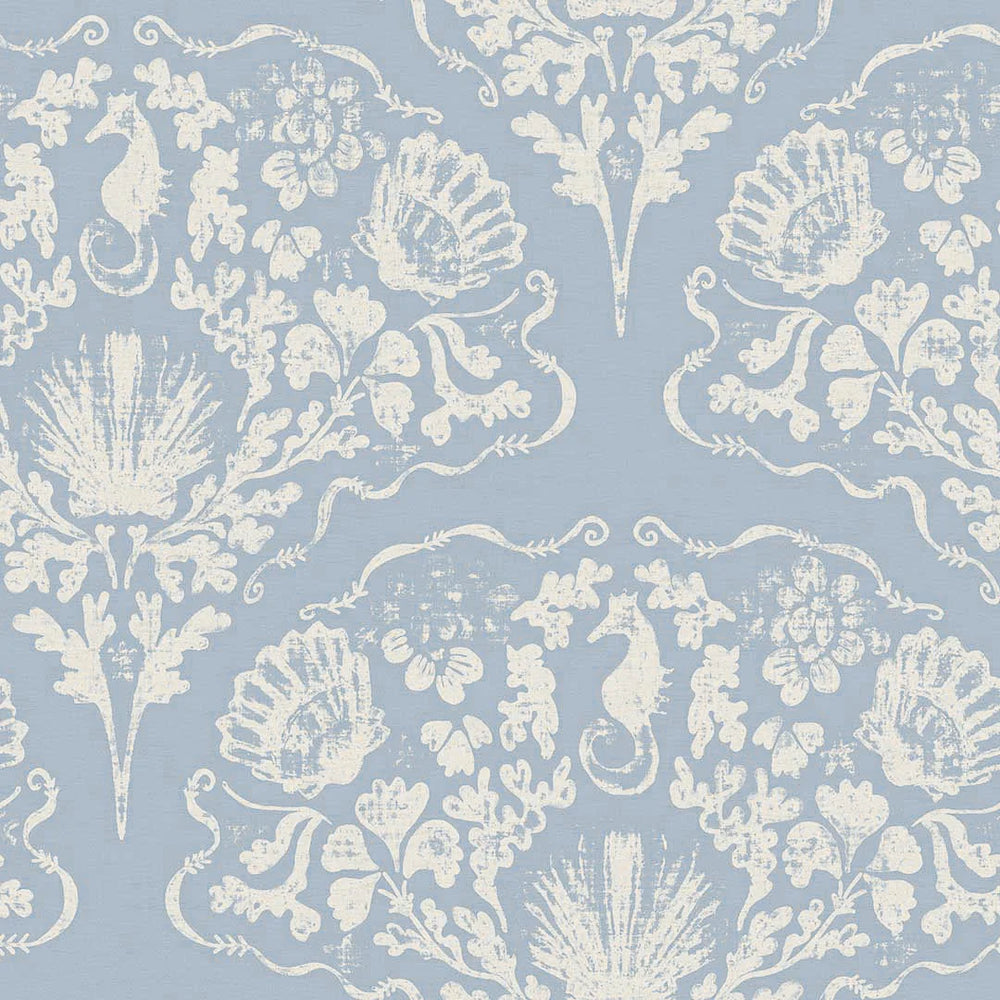 St. Mawes Lace Wallpaper - Pearl White on Cornflower Blue - Lucie Annabel