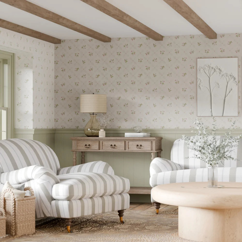 Strawberry Harvest Trellis Wallpaper - Summer Greens & Berry Red - Lucie Annabel