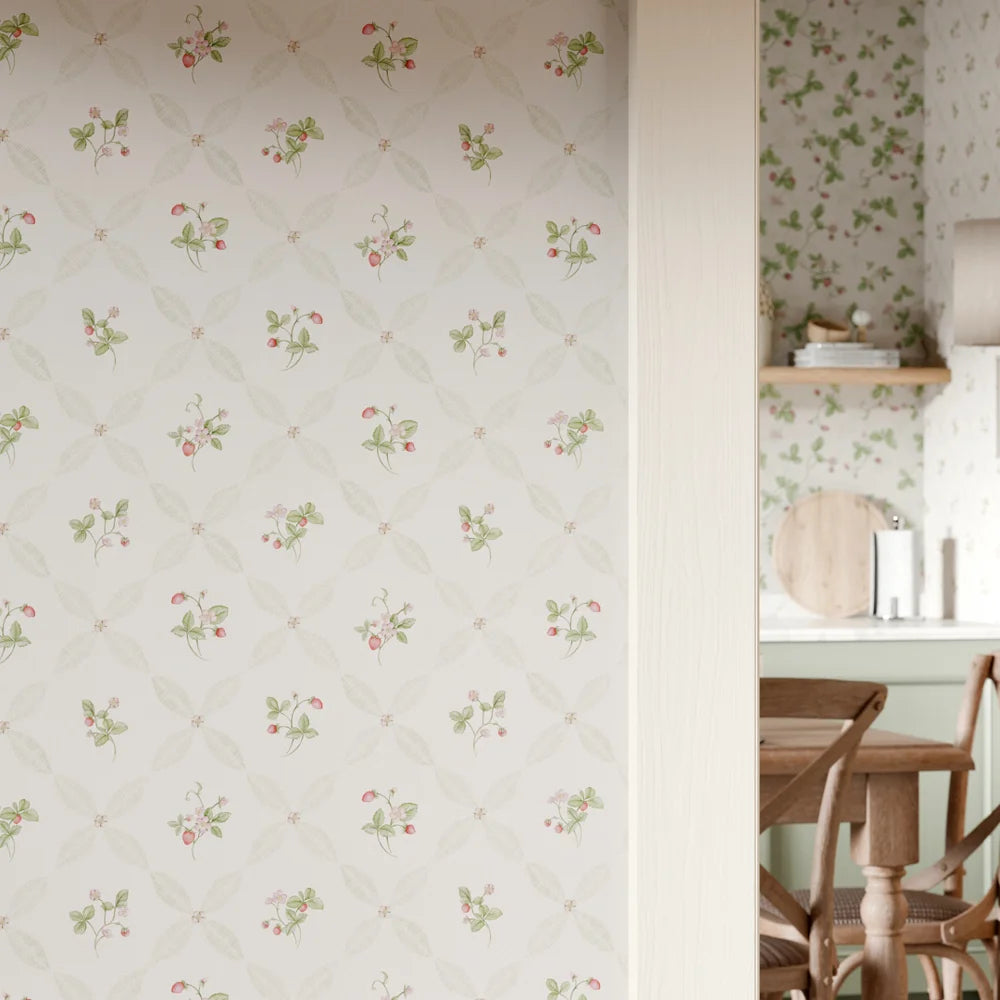 Strawberry Harvest Trellis Wallpaper - Summer Greens & Berry Red - Lucie Annabel