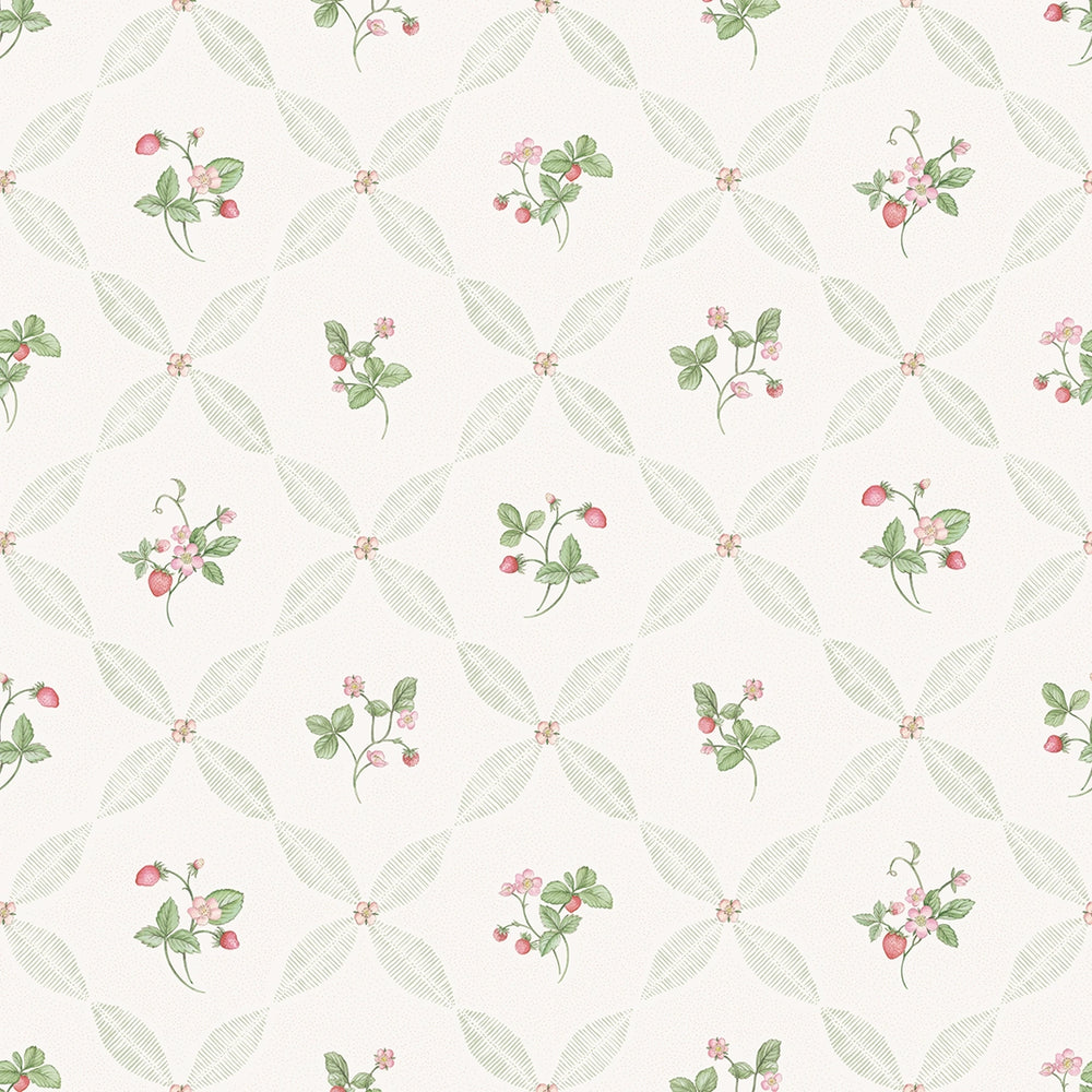 Strawberry Harvest Trellis Wallpaper - Summer Greens & Berry Red - Lucie Annabel