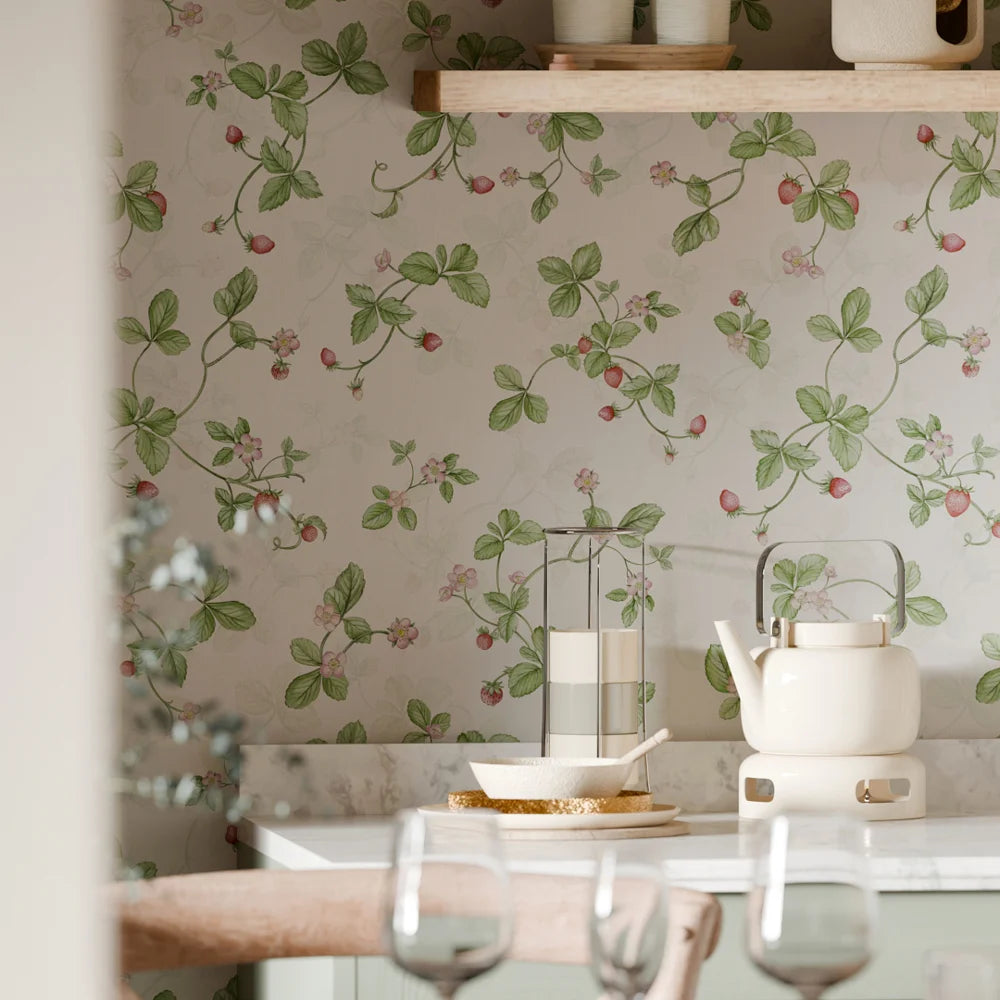 Strawberry Harvest Wallpaper - Summer Greens & Berry Red - Lucie Annabel