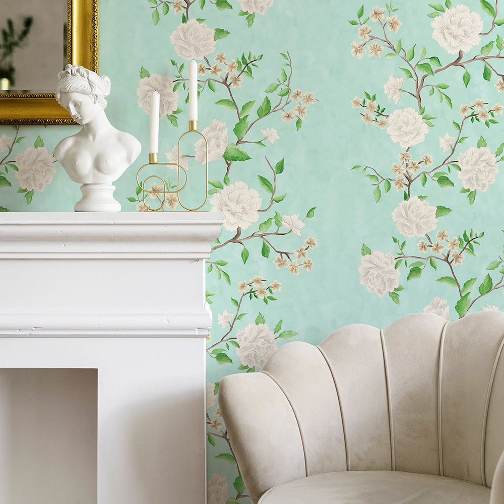 Summer in Peony Park Wallpaper - Duck Egg - Lucie Annabel