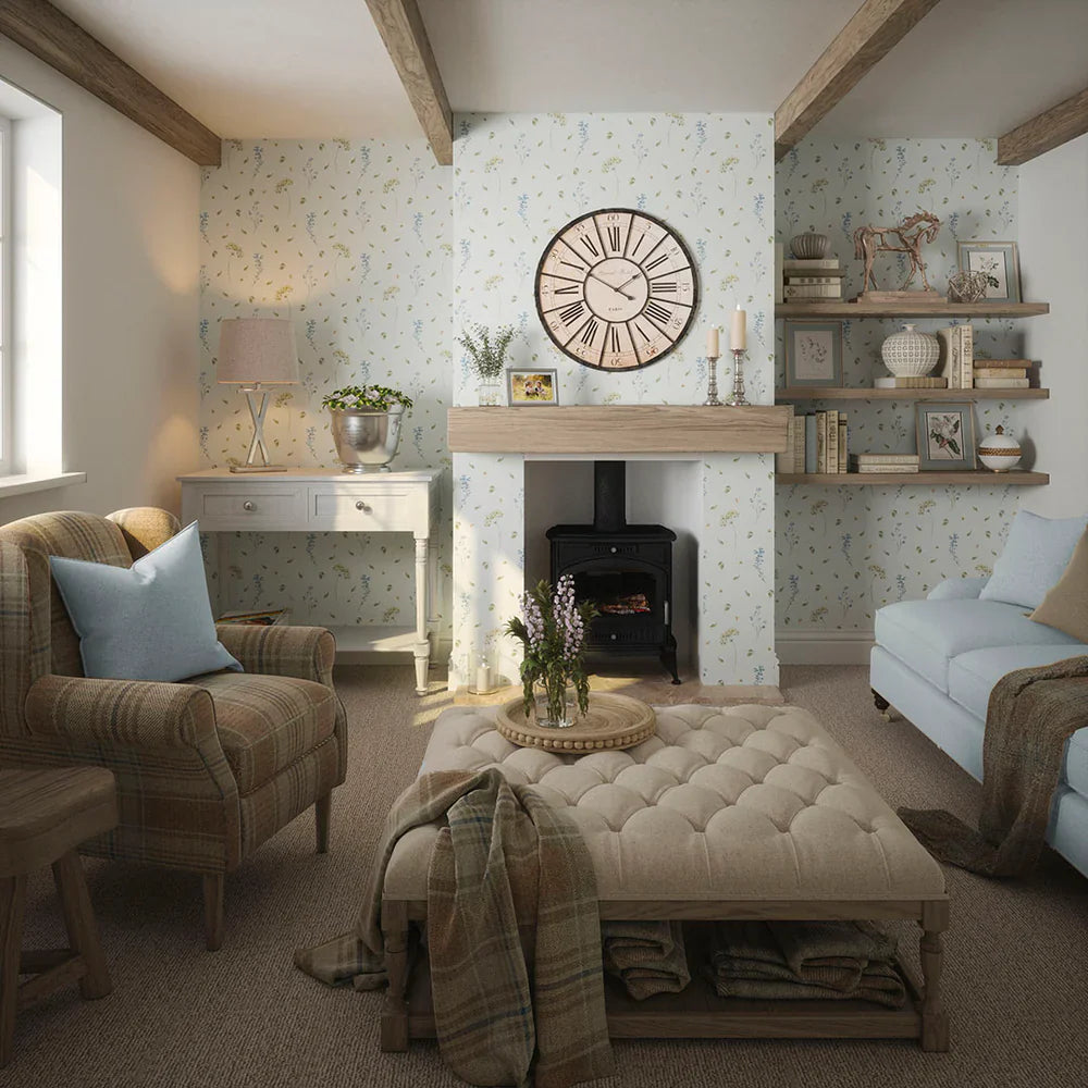Sweet Meadow Wallpaper - Cornflower Blue & Sage on Mist - Lucie Annabel