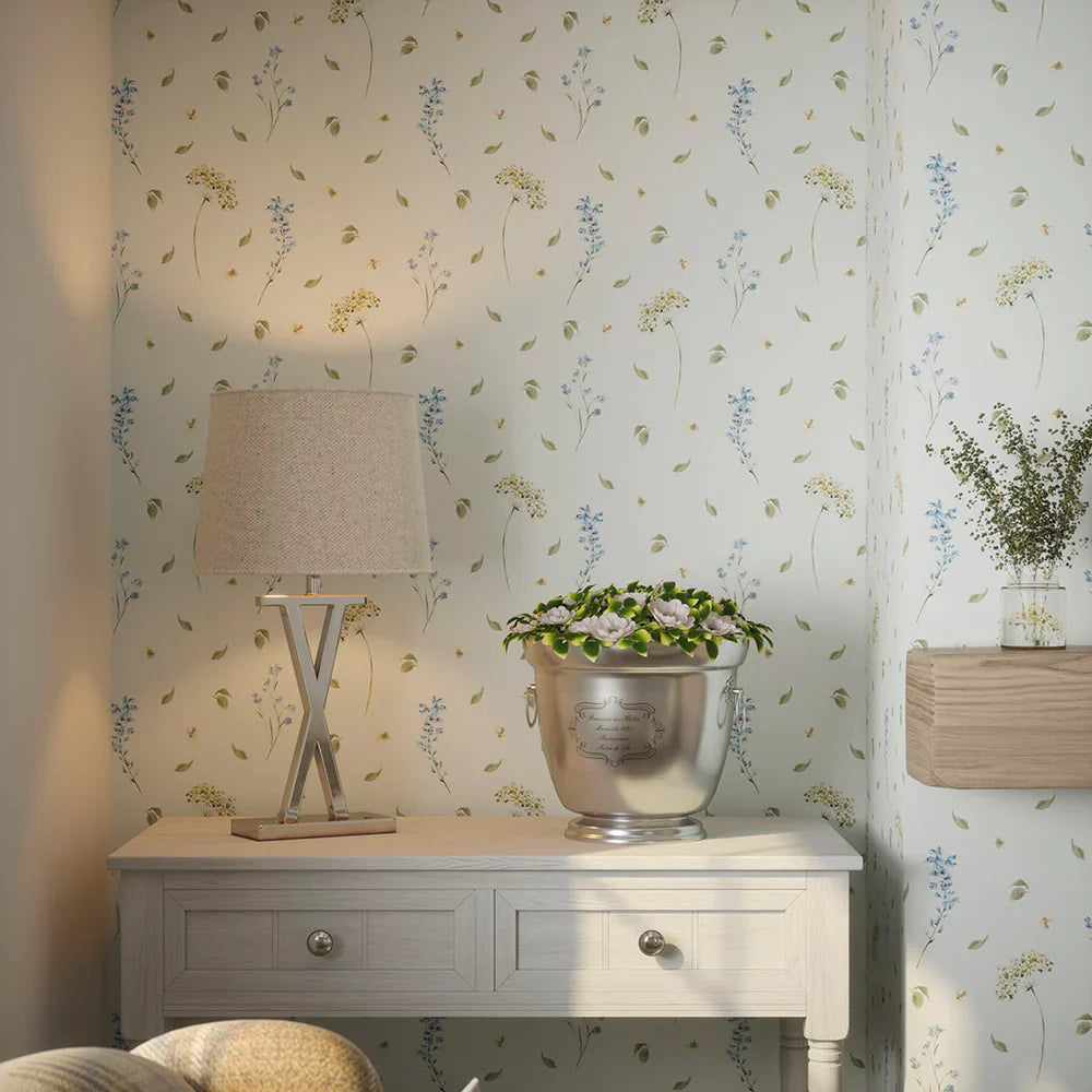 Sweet Meadow Wallpaper - Cornflower Blue & Sage on Mist - Lucie Annabel