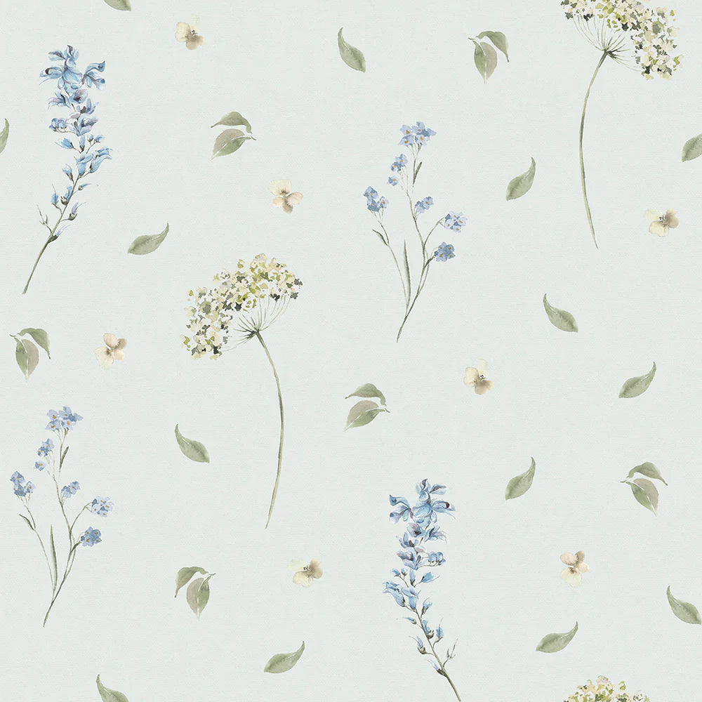 Sweet Meadow Wallpaper - Cornflower Blue & Sage on Mist - Lucie Annabel