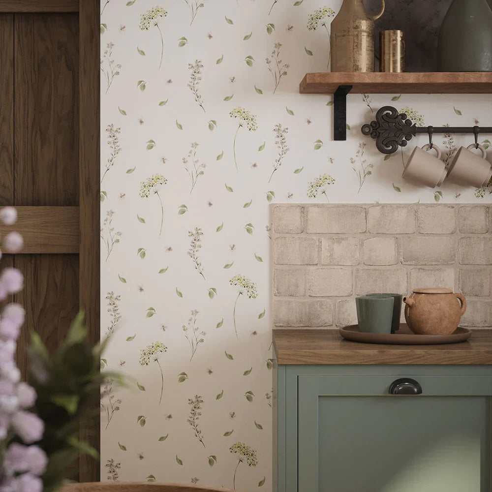 Sweet Meadow Wallpaper - Sage Green on Linen Cream - Lucie Annabel