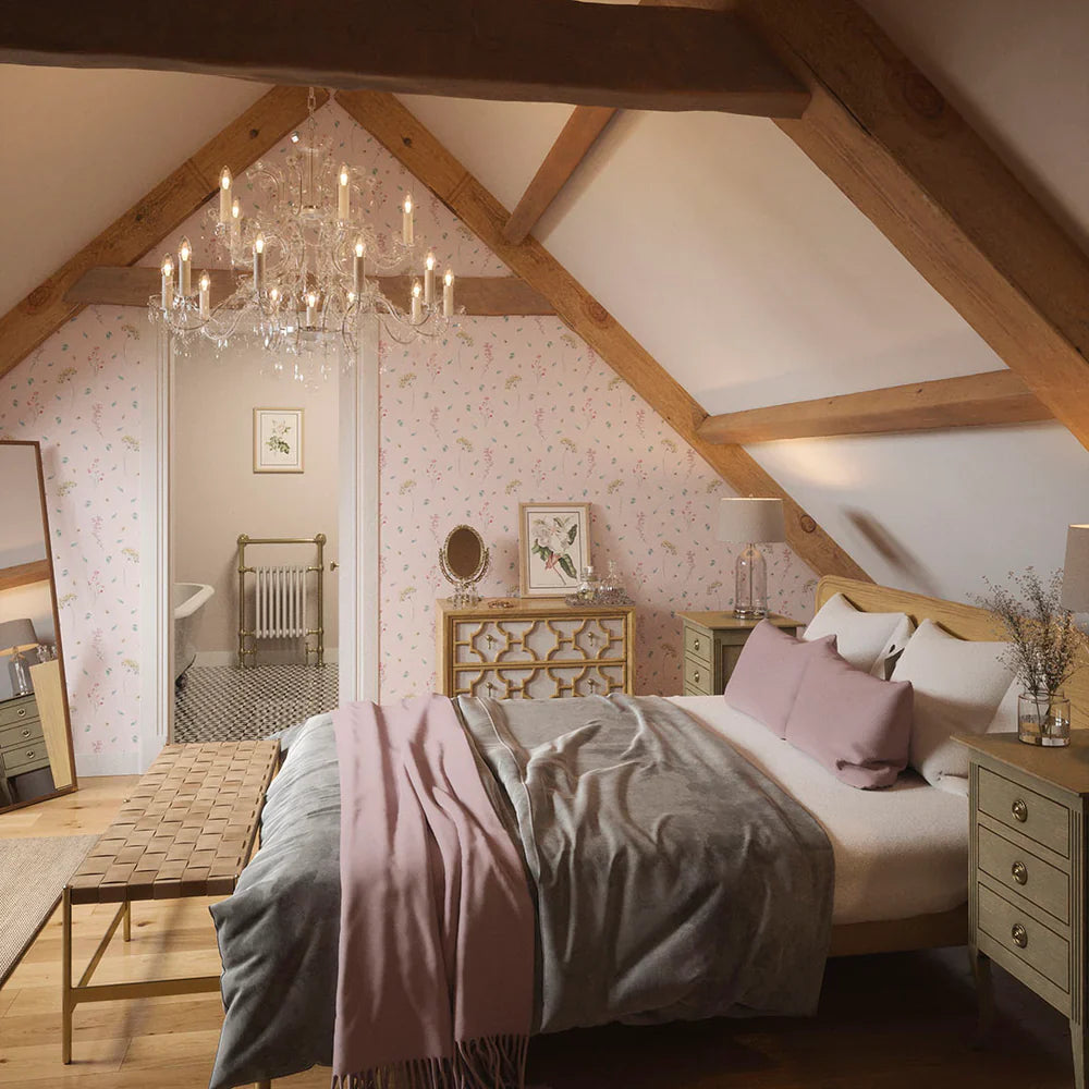 Sweet Meadow Wallpaper - Soft Teal on Pastel Pink - Lucie Annabel