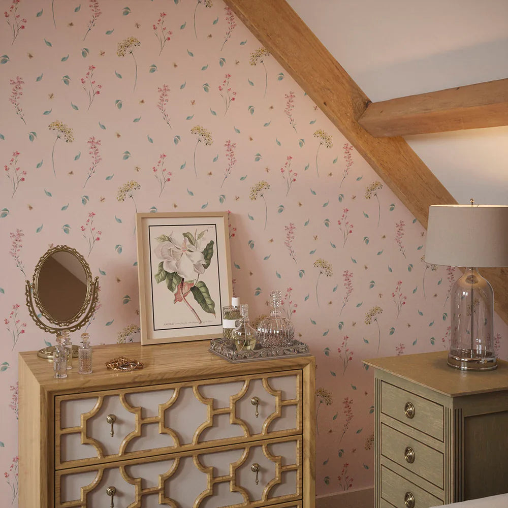 Sweet Meadow Wallpaper - Soft Teal on Pastel Pink - Lucie Annabel