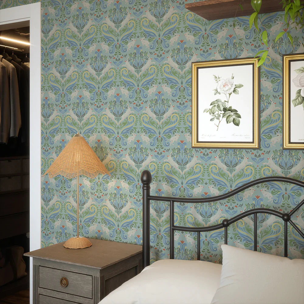 The Hopping Hare Wallpaper - Springtime Shades - Lucie Annabel