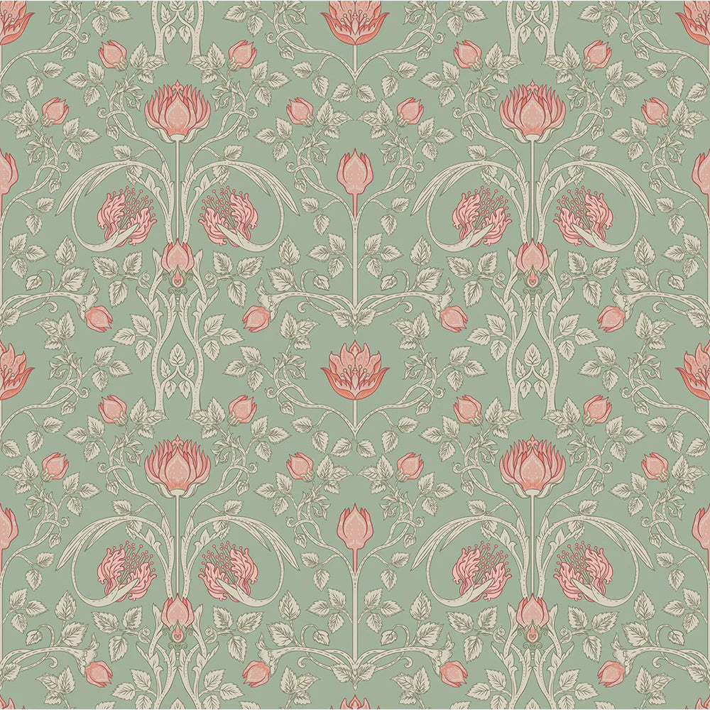 Tulip Garden Wallpaper - Blushing Peach on Green Tea - Lucie Annabel