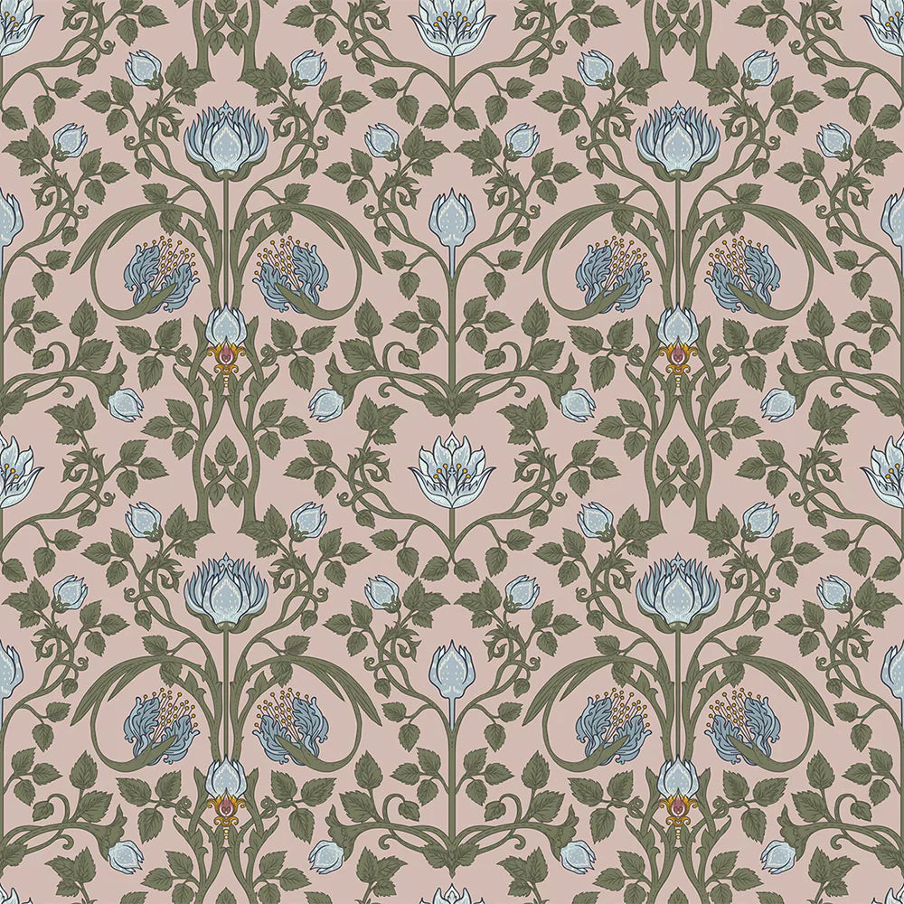 Tulip Garden Wallpaper - Mineral & Forest Green on Vintage Rose - Lucie Annabel