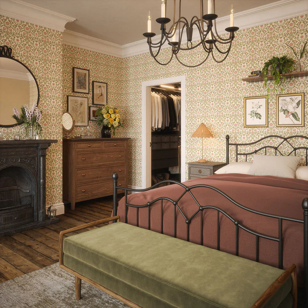 Tulip Garden Wallpaper - Sweet Pink & Olive on Cream - Lucie Annabel