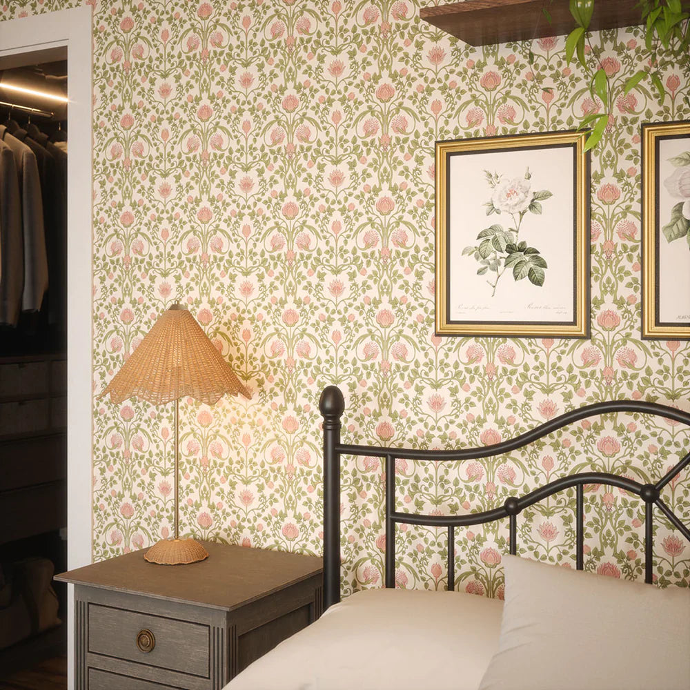 Tulip Garden Wallpaper - Sweet Pink & Olive on Cream - Lucie Annabel