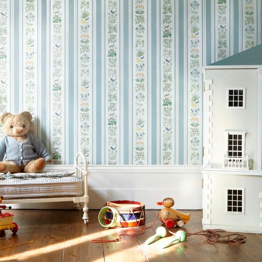 VOYSEY'S GARDEN Stripe Wallpaper - Off-White & Ether - House of Hackney