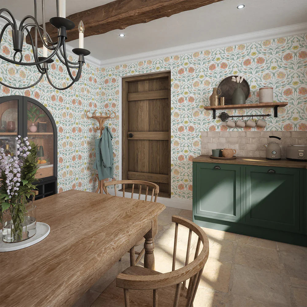 Vintage Trellis Wallpaper - Silt Green, Peach & Yellow - Lucie Annabel