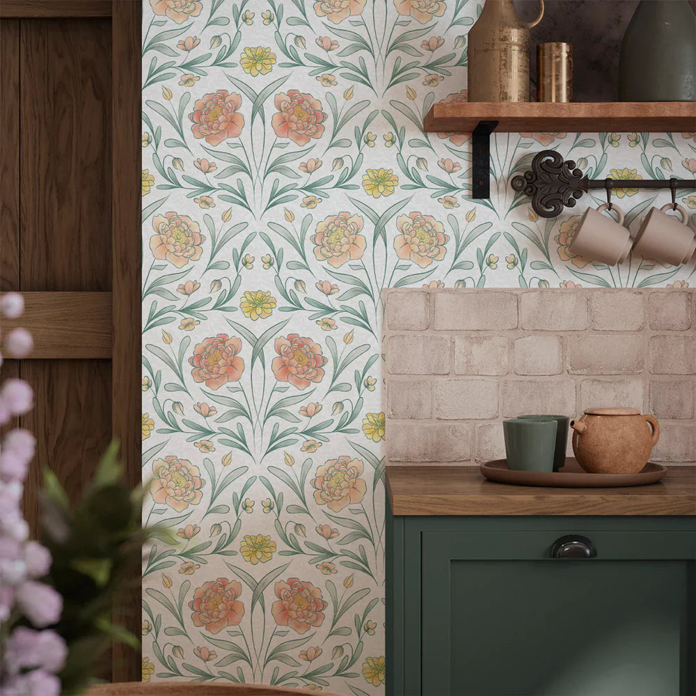 Vintage Trellis Wallpaper - Silt Green, Peach & Yellow - Lucie Annabel