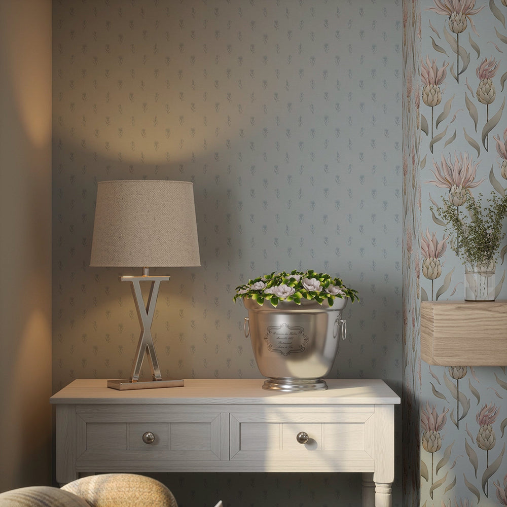 Wee Thistle Wallpaper - Cornflower Blue on Mineral Mist - Lucie Annabel