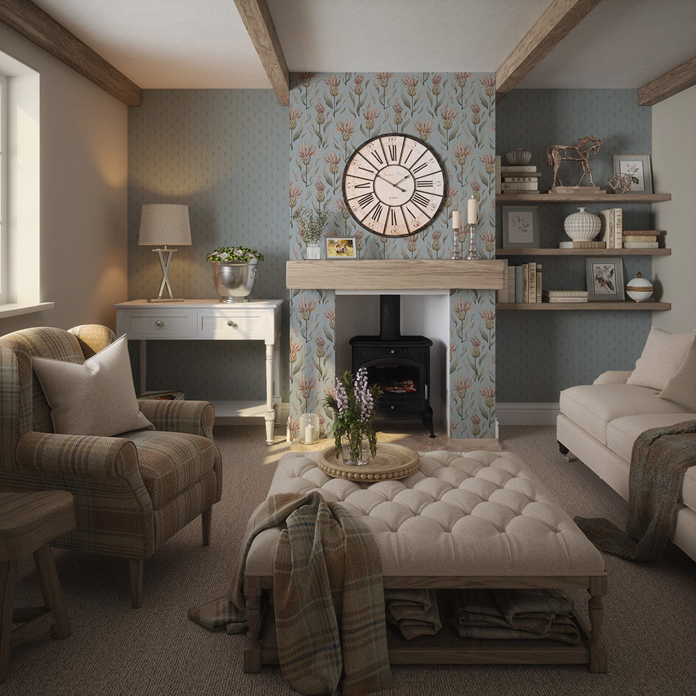 Wee Thistle Wallpaper - Cornflower Blue on Mineral Mist - Lucie Annabel