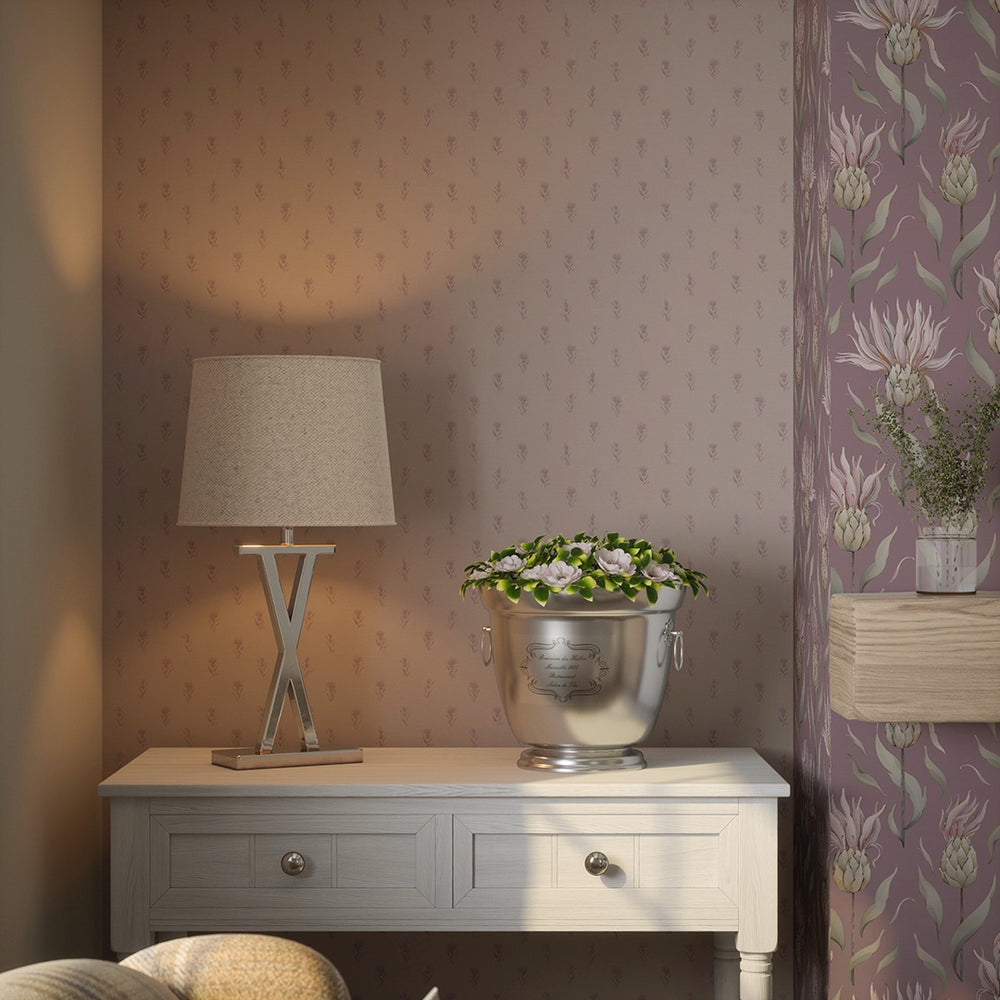 Wee Thistle Wallpaper - French Mauve on Vintage Rose - Lucie Annabel