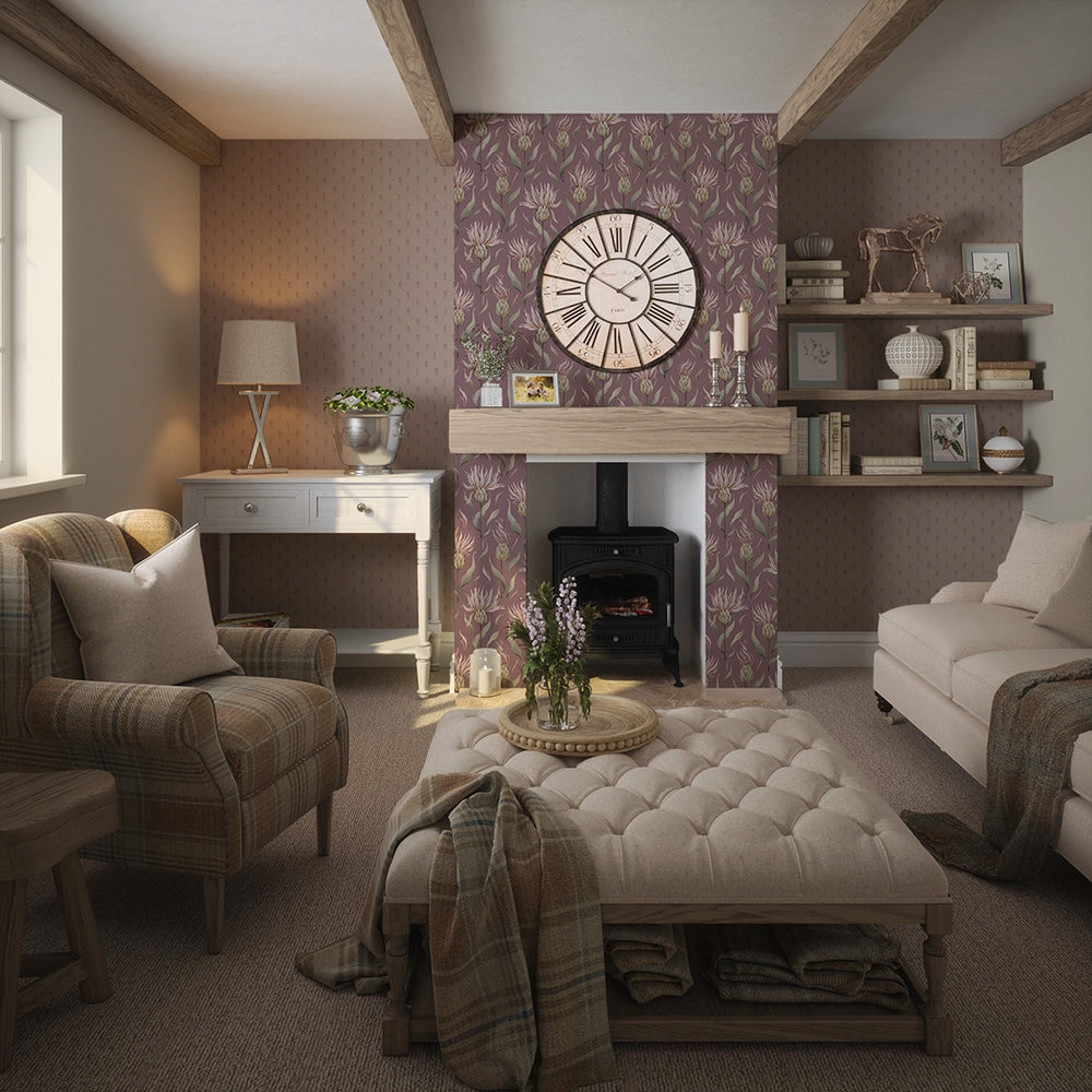 Wee Thistle Wallpaper - French Mauve on Vintage Rose - Lucie Annabel