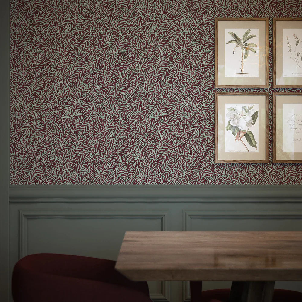 Whimsical Willow Wallpaper - Seafoam Green on Fig - Lucie Annabel