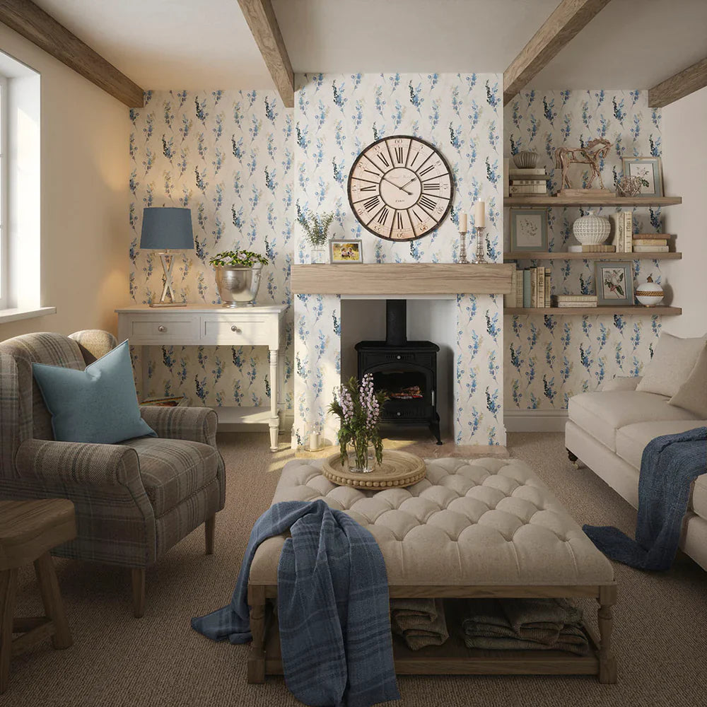Wild Stocks Wallpaper - China Blue & Linen Cream - Lucie Annabel