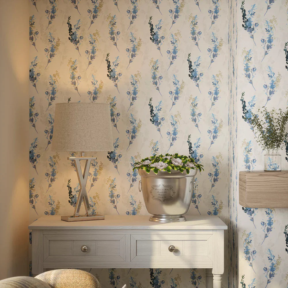 Wild Stocks Wallpaper - China Blue & Linen Cream - Lucie Annabel