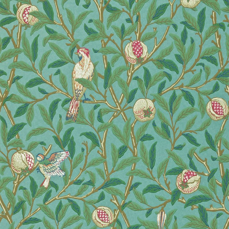 Bird & Pomegranate Wallpaper - Turquoise/Coral - Morris & Co - 216453