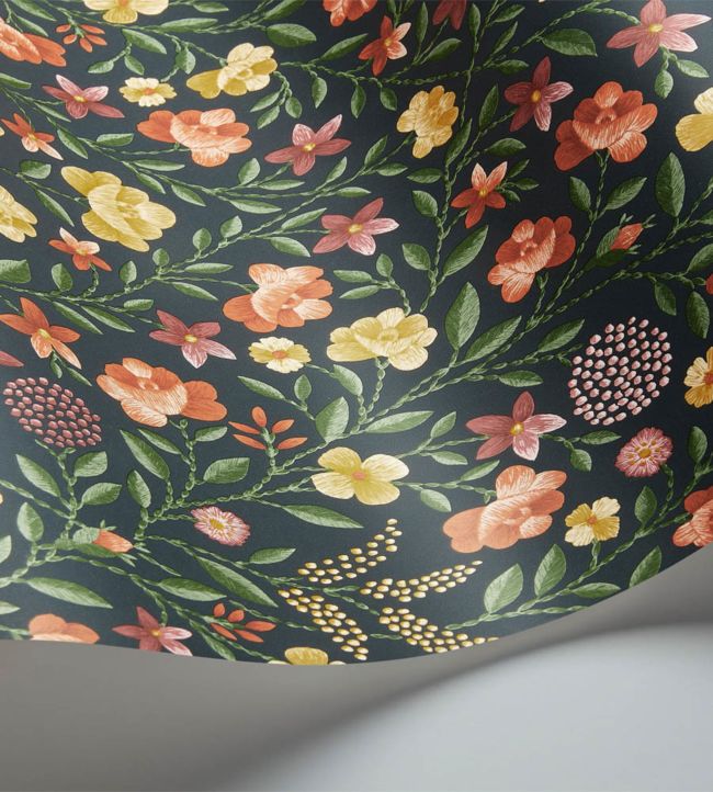 Court Embroidery Wallpaper - Marigold, Tangerine & Red on Charcoal - 118/13031 - Cole & Son - Premier Wallcovering