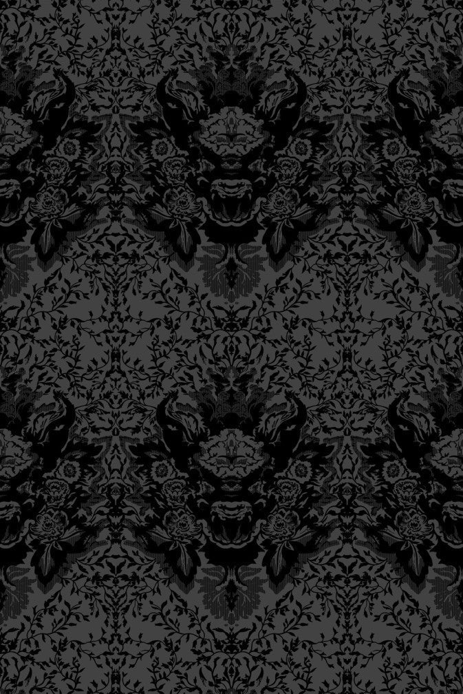 Devil Damask Flock Wallpaper - Black on Carbon - Timorous Beasties - EX/DVL/4007/01 - Premier Wallcovering