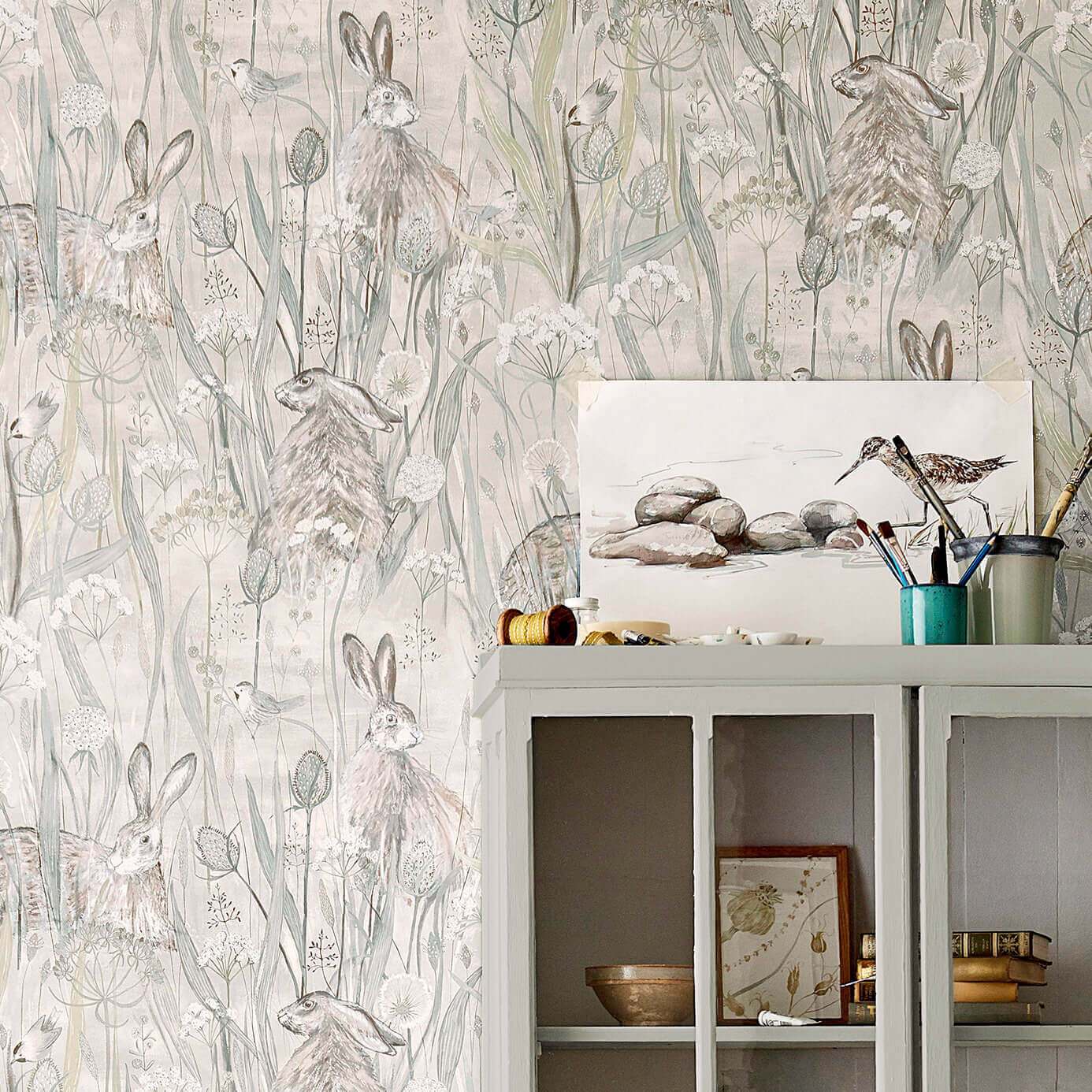 Dune Hares Wallpaper - Mist/Pebble - Sanderson - DEBB216518