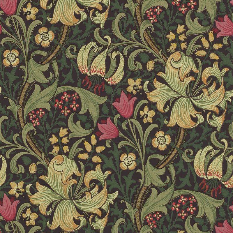 Golden Lily Wallpaper - Charcoal/Olive - Morris & Co - 216853