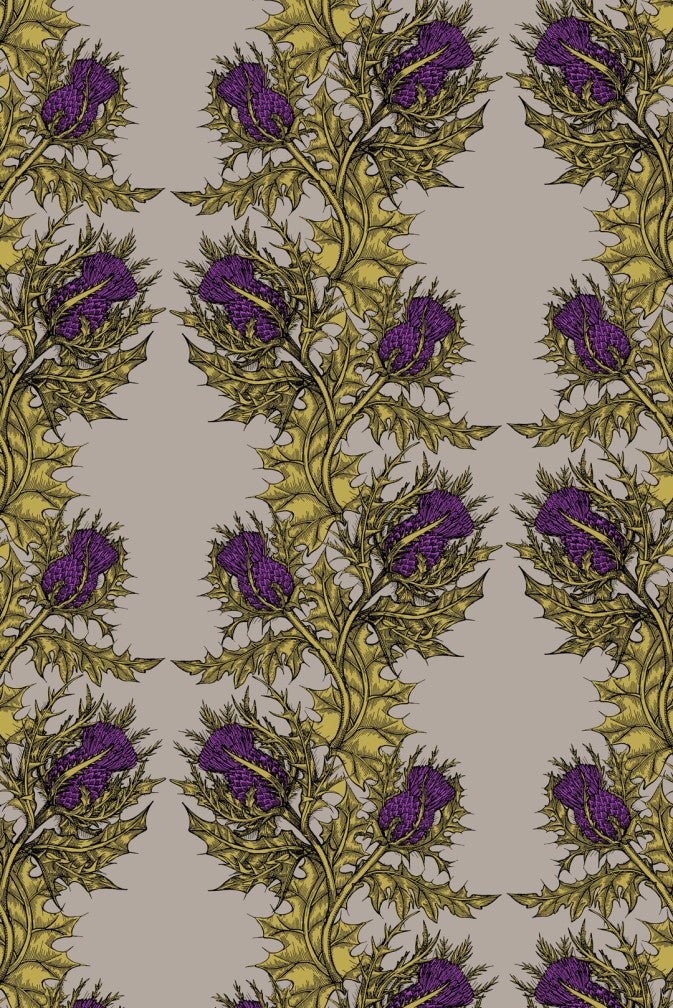 Grand Thistle Hand Printed Wallpaper - Gold & Purple on Stone - Timorous Beasties - EX/GRN/4008/09 - Premier Wallcovering