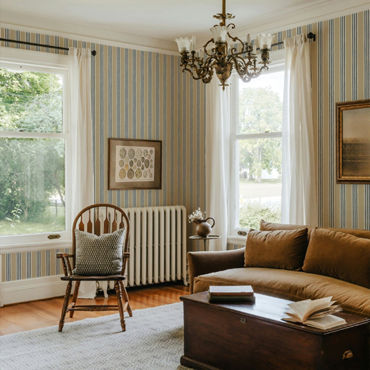 Kemble Stripe Wallpaper - Chute Blue, Shell and Cliffwell Stone - Josephine Munsey - KEM-061-057-015 - Premier Wallcovering