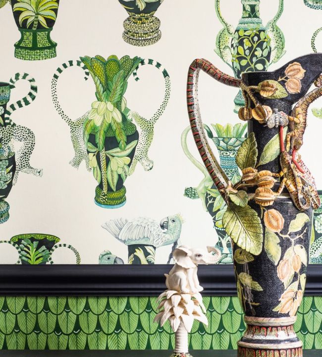 Khulu Vases Wallpaper - Multi Greens on Pale Cream - 109/12056 - Cole & Son - Premier Wallcovering