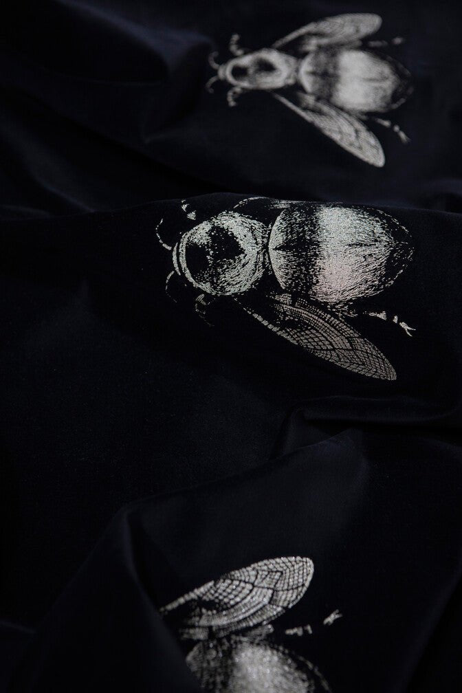 Napoleon Bee Velvet Fabric - Black & Pale Gold on Black - Timorous Beasties - NB/8702/07 - Premier Wallcovering